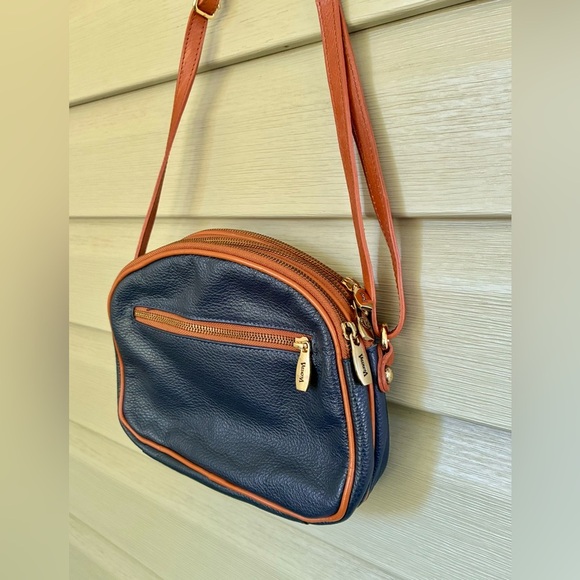 VALENTINA Genuine Leather purse Multi Zipper Crossbody Bag navy blue brown EUC - Picture 2 of 15